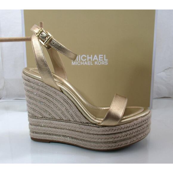 Michael Kors Leighton Wedge Ankle Strap Espadrille Platform Sandal Gold Size 9 - Picture 1 of 9